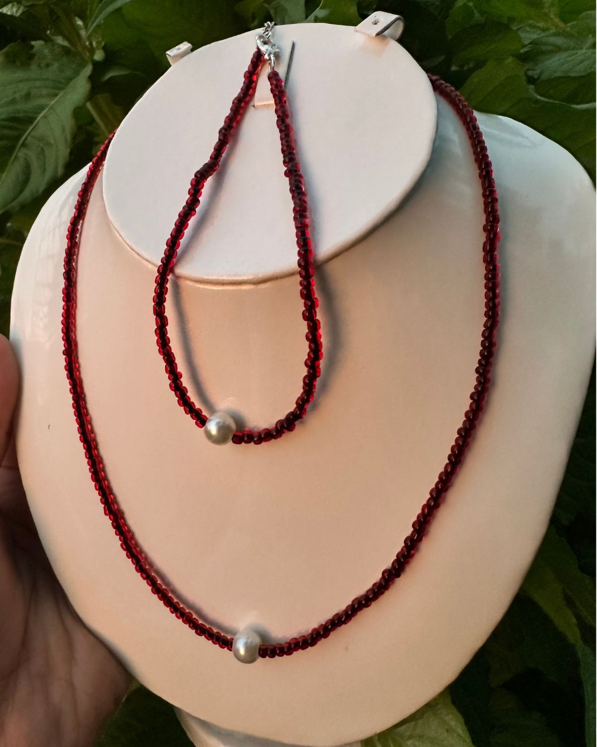 Crimson Pearl Glow (Necklace & Anklet)