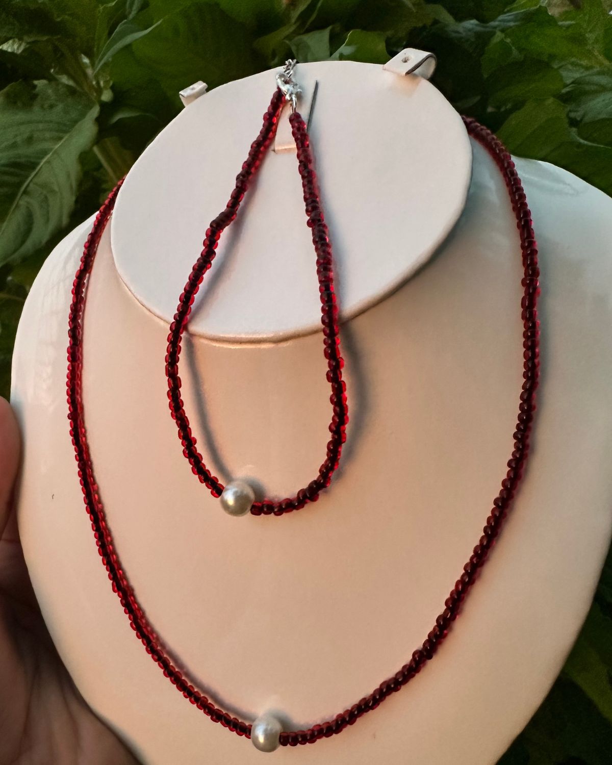 Crimson Pearl Glow (Necklace & Anklet)