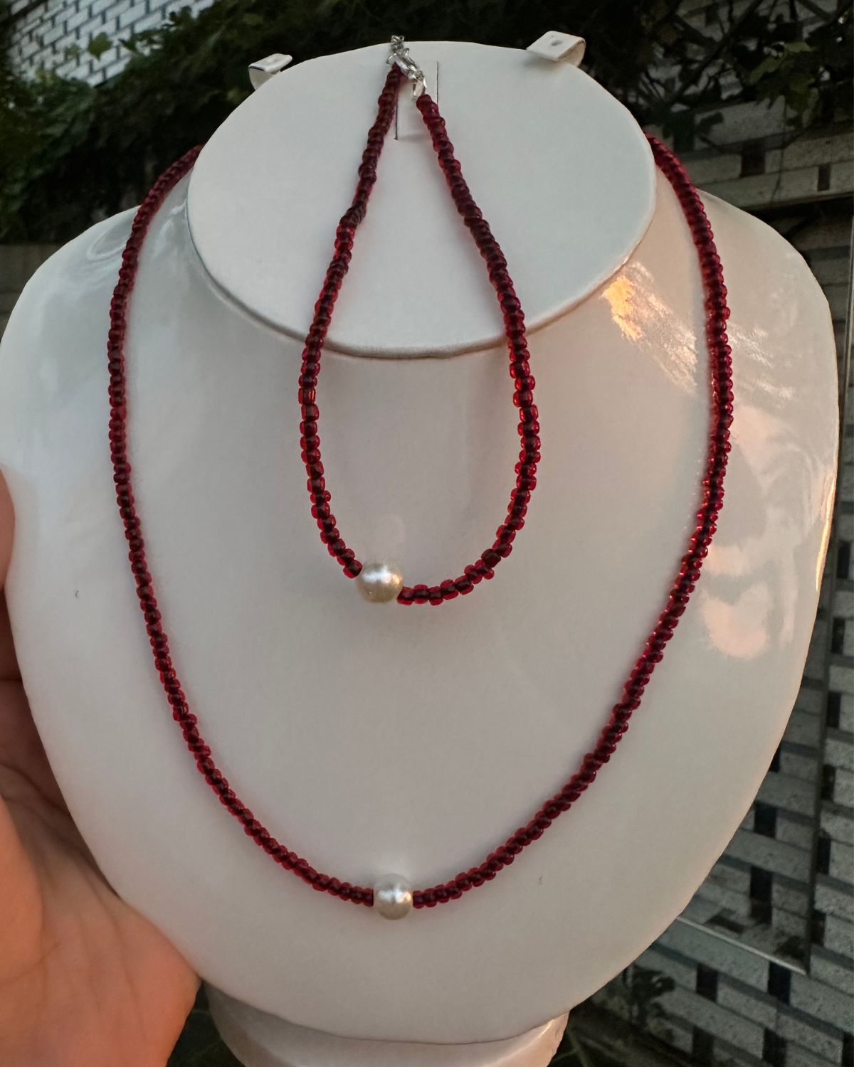 Crimson Pearl Glow (Necklace & Anklet)