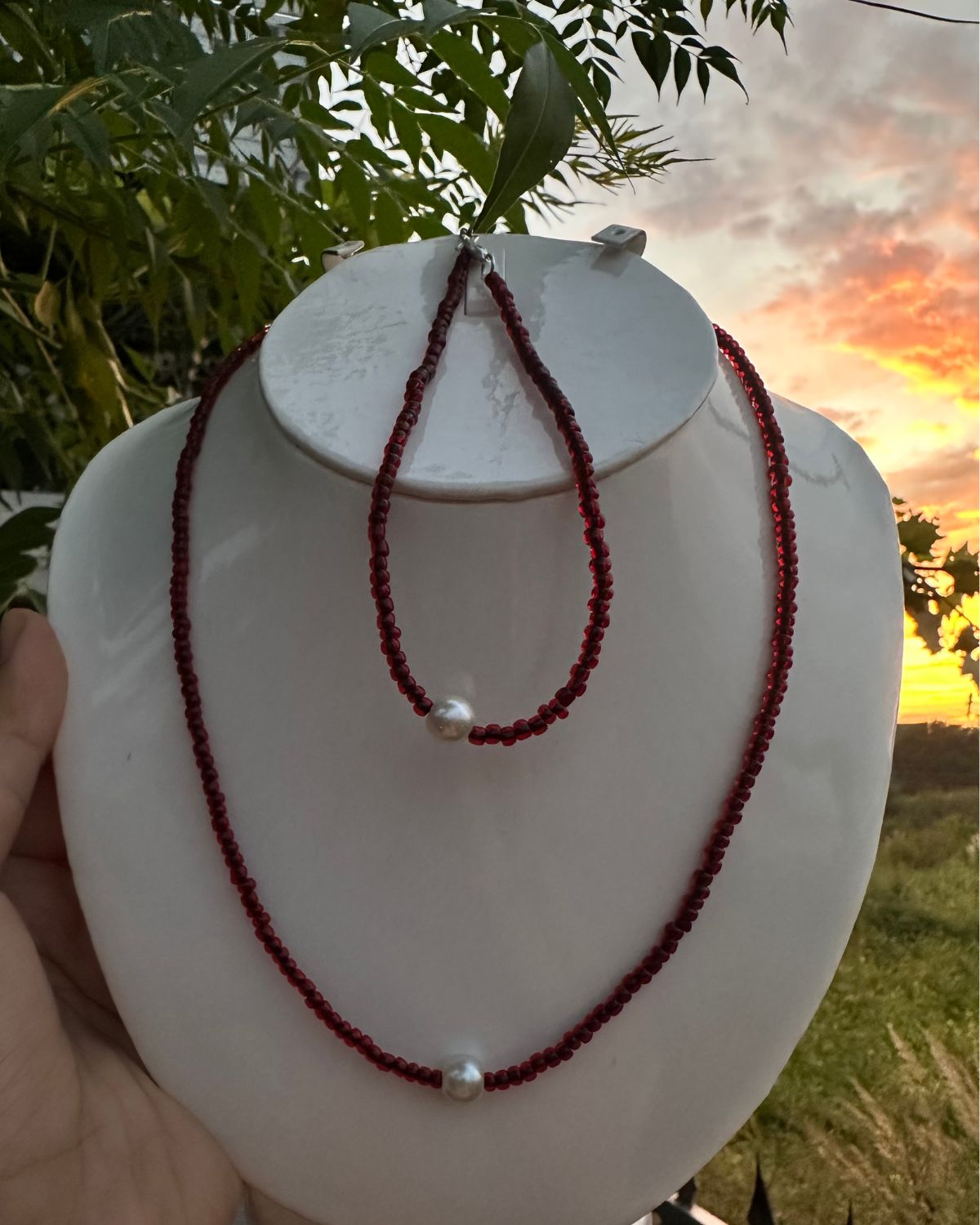 Crimson Pearl Glow (Necklace & Anklet)